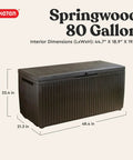 Springwood 80 Gallon Resin Outdoor Storage Box with wood-like texture and heavy-duty handles, dimensions 48.4x21.3x22.4 inches