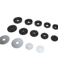 Dimple Die Set For Sheet Metal With 5 Sizes And 2 Steel Backing Plates Flared Hole Dies arranged on white background
