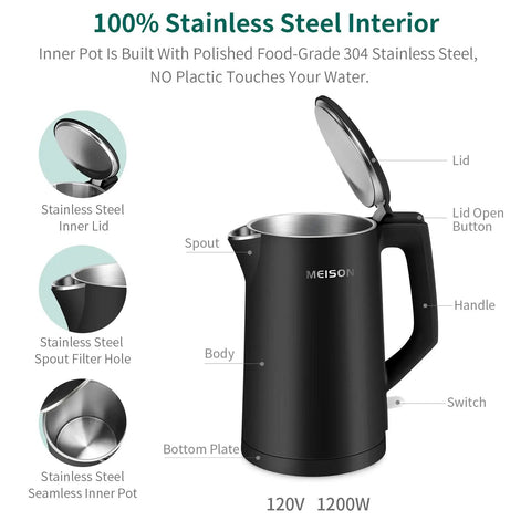 Image of a 1.7 Liter Electric Kettle With Double Wall Stainless Steel Interior, Fast 1200W Boil, Auto Shut Off, Boil Dry Protection, Black.