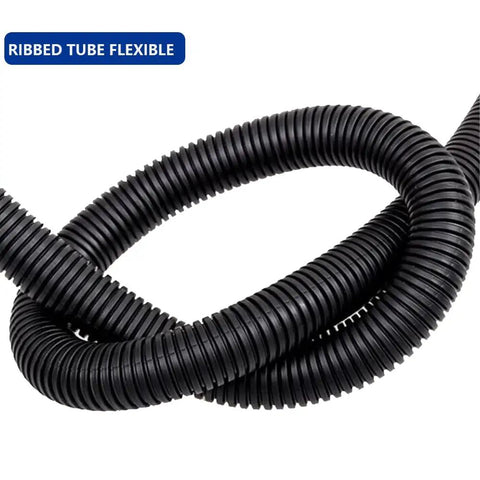 Close-up of black split wire loom tubing, flexible conduit with 1 inch inner diameter for protecting cables, 10 feet length.
