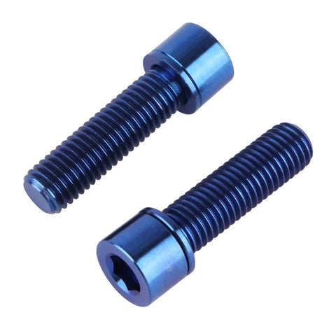 Top Shelf Grade 5 Titanium Hex Bolts M7 25 Millimeter Size With Included Flat Washers Built Tough Ride Ready Rust Proof Bike Hardware Upgrade Pack Of 4 Blue close-up of two hex bolts