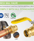 5 Pack 1/2 Inch Press X Press Copper Propress Ball Valves With Drain, shown with cUPC and NSF certifications, yellow handle