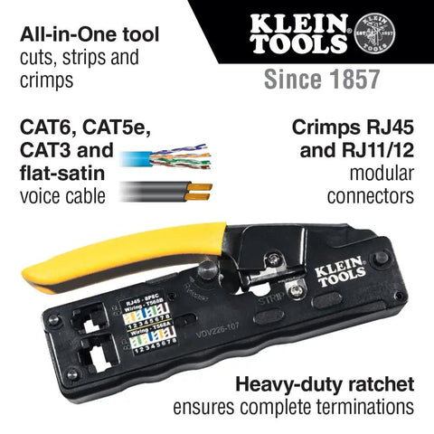 ProTech Data Kit For Twisted Pair Cabling, Compact Ratcheting Modular Crimper with Klein Tools branding