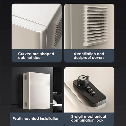 Killin Electric Vehicle Charger Enclosure Lock Box Wall Mount With Key Combo Lock And Air Flow Vents For Secure Charging showing cabinet door, ventilation, wall mount, and lock.