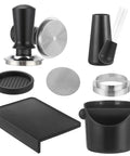 Next Level Espresso Workflow Kit Includes 58 Mm Chrome Tamp Distribution Tool Dosing Funnel Knock Box Tamping Mat And Puck Screens For Slick Morning Brews Daily, showing all six pieces including a black tamper and funnel.