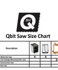 Qbit saw size chart with blade specifications for 1 and 2 gang installations.