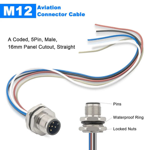 M12 Rugged 5 Pin A Code Male Connector Cable Back Mount IP67 Waterproof Unshielded Straight Aviation Socket
