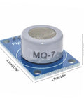 Carbon Monoxide Sensor Module With Analog Output And TTL Signal For DIYers CO Detector Module Double Sided PCB Long Life And Reliable Alarm Sensor For Home And Industrial Projects, close-up view of MQ-7 sensor on blue PCB with size dimensions