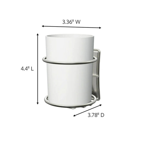 Bathroom Accessory Organizer With Two Medium Water Resistant Strips Satin Nickel Finish Holds Up To 2 Lb No Tools Needed Damage Free Stick On Wall Mount Keeps Counter Clutter Free, side view with dimensions 3.36W x 4.4L x 3.78D.