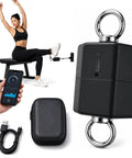 Professional Grade Isometric Strength Tester With Seamless Wireless Tracking And BeastMode Push Pull Dynamometer on gym bench with smartphone and black carrying case.