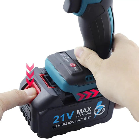 No Fuss Heavy Duty Cordless Rivet Nut Gun With Slick Lock Head And Bright Led showing 21V lithium battery being installed.