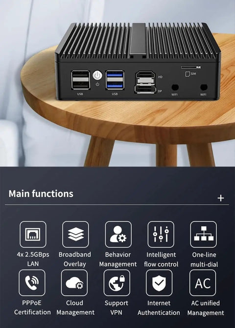 Heavy Duty Fanless Mini PC With Intel J6412 Chip And Quad 2.5G Lan Ports Plus Sim Card Slot showing USB and connectivity ports.