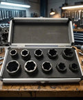 Heavy Duty Steel Bolt Extractor Socket Set 10pc For Gnarly Rusted And Rounded Nuts with ten sizes in case on workbench.