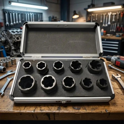 Heavy Duty Steel Bolt Extractor Socket Set 10pc For Gnarly Rusted And Rounded Nuts with ten sizes in case on workbench.