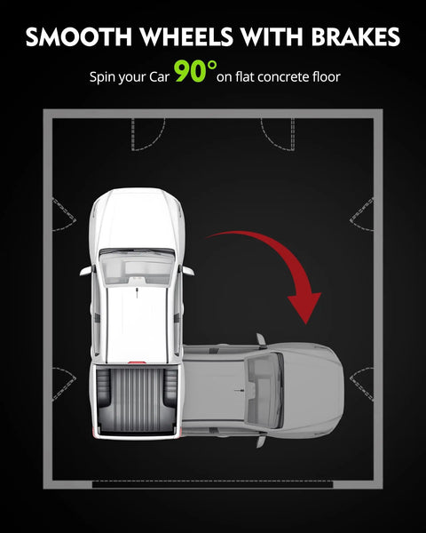 Top view of two cars, one spinning 90 degrees on a flat concrete surface, showcasing Tough As Nails Wheel Dolly Set Of Four For Moving Cars Trucks And Trailers Handling Six Thousand Pounds One Piece Steel Build Tire Rollers That Lock Onto Tread And Roll It Easy Across Any Lot.