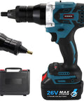 Heavy Duty Workhorse Cordless Rivet Nut Tool With Brushless Motor And Built In Led Light Hassle Free Blind Riveter For Iron And Aluminum Includes M3 To M12 Fasteners Plus Dual Power Packs with battery and case.