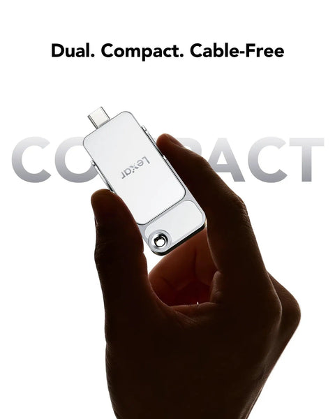 Hand holding D70E 1TB External SSD With Dual USB C And USB A, cable-free design, labeled as compact.