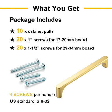 Rock Solid Brushed Gold Cabinet Pulls Kitchen Handles 5 Inch 128mm Centers set showing 10 cabinet pulls and screws.
