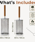 Two Pack Rolling Grill Basket For Even Cooking With Lid And Removable Wooden Handle Stainless Steel BBQ Grilling Basket shown with dimensions.