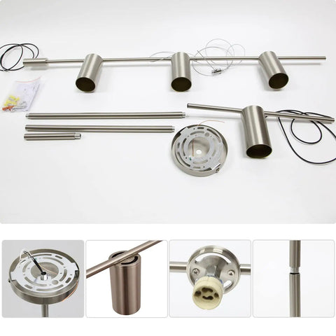 Sleek Modern 4 Light Linear Pendant Chandelier For Dining Room Kitchen Island And Living Room With GU10 Bulbs Dimmable 110V Nickel Finish 47.8 Inch Long Ceiling Light Fixture disassembled view showing components and wiring.