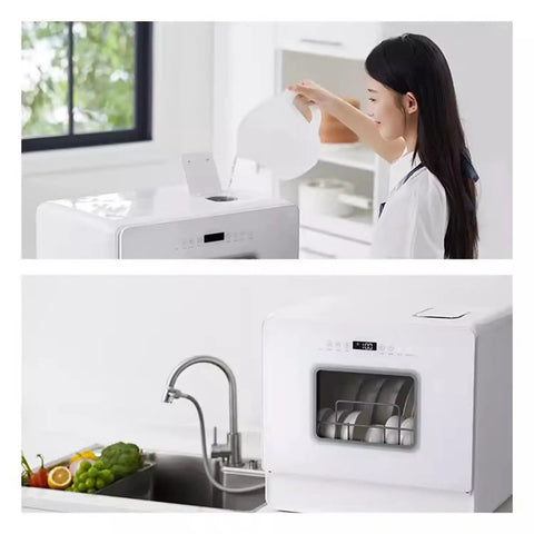 Portable Countertop Dishwasher Fully Automatic Compact Kitchen Essential setup showing woman filling water and view of wash cycle.