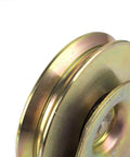 Heavy Duty Rock Solid 4 Inch Gold V Groove Wheel For Sliding Industrial Gate Tracks And Service Carts With Smooth Rolling Performance And Reliable 300 Kilogram Payload Rating, close-up view of groove detail.