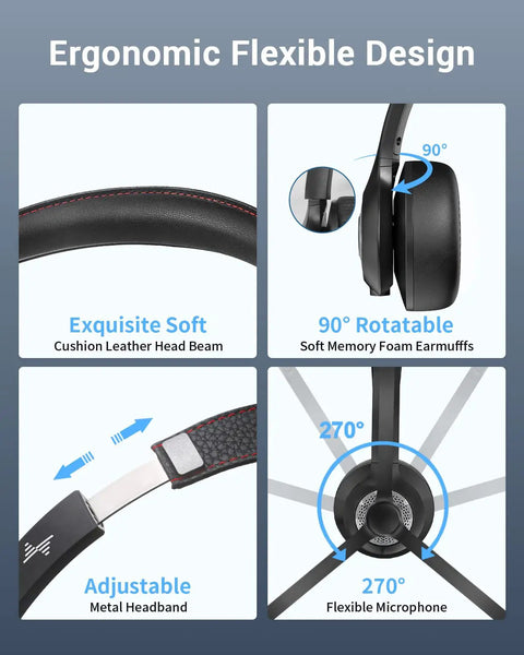 Ergonomic wireless headset with mic for work calls, featuring Bluetooth 5.2, AI noise cancelling mic, flexible design, USB dongle compatible