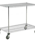 Adjustable Chrome Wire Shelf Cart With Two Dang Tough Heavy Duty Shelves And Eight Hundred Pound Load Rating Smashing Rolling Storage Rack offering a clear view of shelves and sturdy casters.