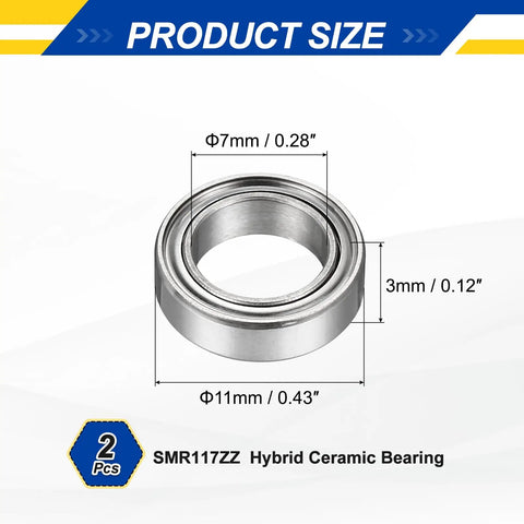 2 Pack SMR117ZZ Hybrid Ceramic Bearings 7x11x3mm with size measurements on a white background.