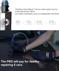 Pro Grade Paintless Dent Repair Kit With Heavy Cut Resistant Gloves Fast Auto Body Straightener showing tool in use on car surface.