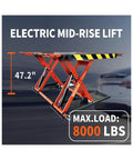 Real Deal Electric Scissor Lift Packing Eight Thousand Pound Load Capacity And Forty Seven Inch Lifting Height For Tight Garage Setup On Cars Trucks And Family Vans, showing lifting height of 47.2 inches.