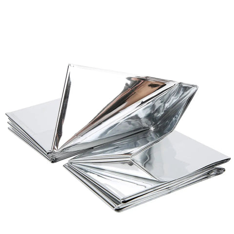 Silver Emergency Survival Reflective Blanket For Camping And Hiking Packable Thermal Shield shown unfolded, highlighting material