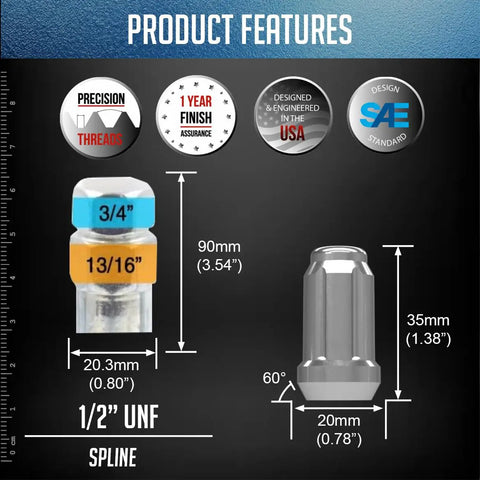 Twenty Pack Chrome Wheel Lug Nuts With One Half Inch To Twenty Threads Thirty Five mm Length Spline Hex Profile And Sixty Degree Conical Seats features and dimensions
