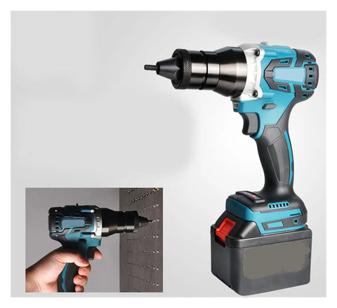 Full Automatic Brushless Electric Rivet Nut Gun With Pure Copper Motor For Aluminum Steel Fasteners Heavy Duty M3 To M12, side view with battery.
