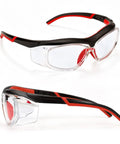 Anti Fog Scratch Resistant Safety Goggles With UV400 Lens Coating And HD Optics Deliver Pristine Sight For Daily Grind Featuring 2 angles showing red frame and adjustable temples.