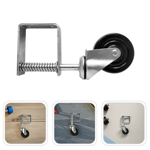 Heavy Gauge Four Inch Gate Roller Caster Wheel Featuring Flexible Spring Bracket System For Rock Solid Stability And Smooth Gliding Action On Rough Ground viewed from side with spring mechanism.