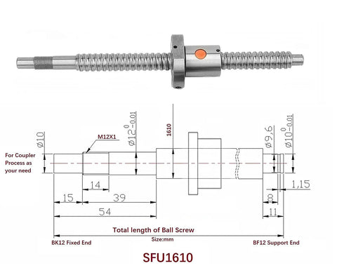 Rugged CNC Ballscrew Kit SFU1610 Anti Backlash Precision Lead Screw 16Mm Diameter By 96 Inches Total Length includes detailed diagram.