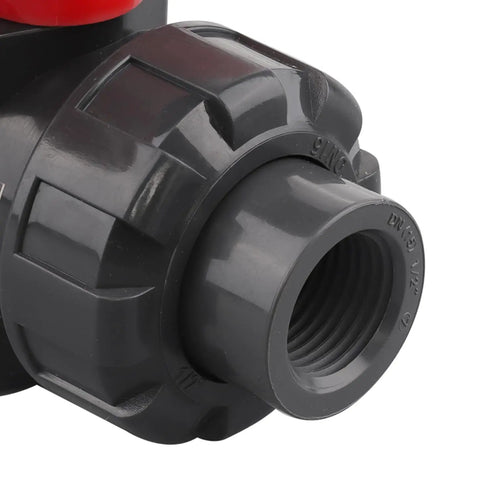 Close-up of Solid Two Pack PVC True Union Ball Valve NPT Threaded With Full Port EPDM O Rings And Reversible PTFE Seats Rated At Two Hundred PSI One Half Inch NPT Threaded