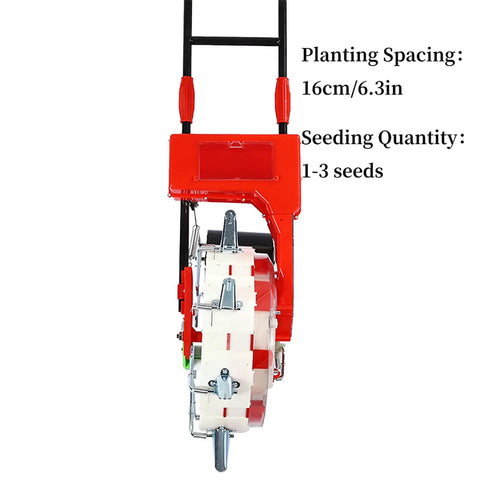 16cm Spacing Corn Planter With Adjustable Seed Quantity And 10 Nozzles, Easy Walk Behind Garden Seeder, front view, iron and plastic
