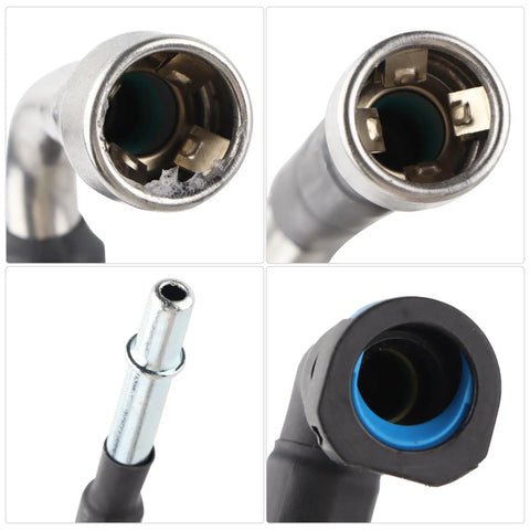 Slick Flexible Braided Stainless Steel Fuel Line Replacement Kit For Chevy Equinox And GMC Terrain Models 2010 Through 2012 close-up view of connectors.