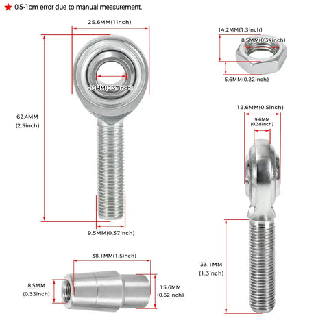Badass 3/8 Inch 24 Thread Chromoly Heim Joint Rod End Kit dimensions showing spherical rod joint and heavy duty jam nuts.