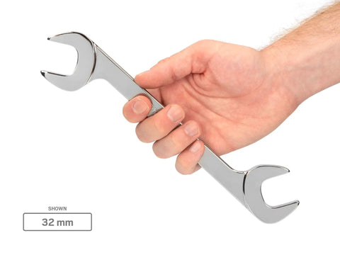 Person holding 32 mm wrench from Angle Head Open End Wrench Set 4-Piece 24 27 30 32 Mm With 30 60 Degree Offset For Tight Access