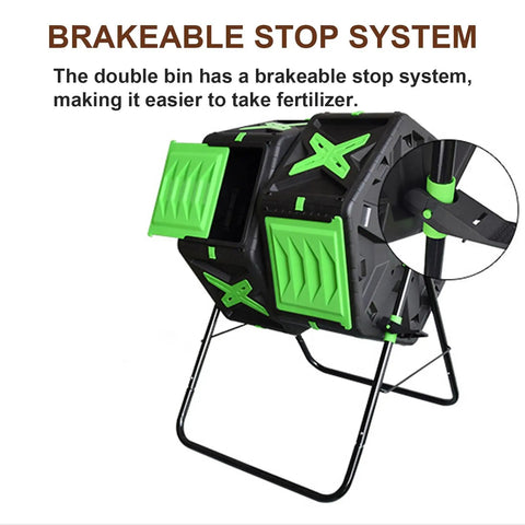 Dual Chamber Tumbler Compost Bin With 140L Capacity Outdoor Garden No Sweat Spin Rotation Sturdy Steel Frame