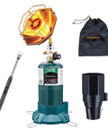 6200 BTU Portable Propane Camping Heater With Radiant Burner For Tents Outdoors Adjustable Flame Stable Base Fits 1 Lb Propane Tank Ideal For Hiking Ice Fishing Hunting And Backyard Warmth, shown with accessories.