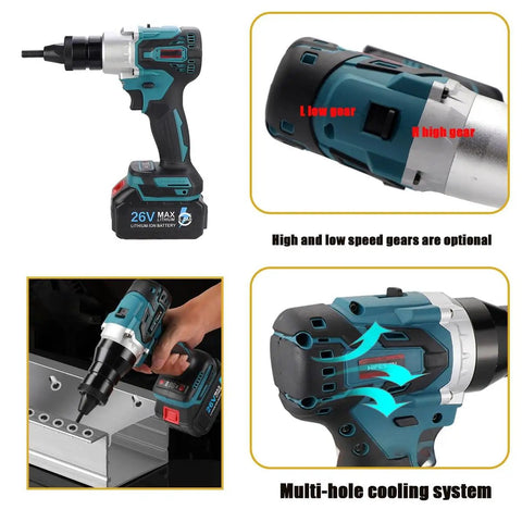 Heavy Duty Cordless Rivet Nut Gun With Lightning Fast Automatic Pulling Action And Slick Handheld Build For Solid Steel Iron Aluminum Using M3 Through M12 Thread Sizes Ready To Work Any Job Site With Twin 26V Packs showing gear options and cooling system.