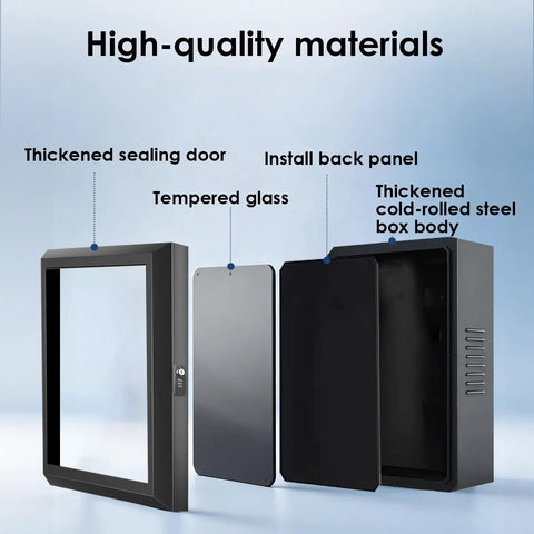High-quality materials for Custom Wall-Mounted EV Charger Cover Box with thickened steel and tempered glass components.