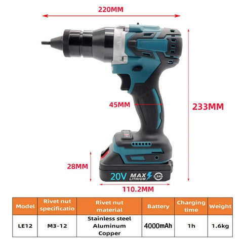 Badass Cordless Rivet Gun And Knockout Rivet Nut Setter Featuring 21 Volt Brushless Motor shown from the side with dimensions.