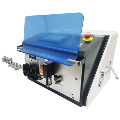 Jaryannix Automatic Wire Stripping And Bending Machine 110V with blue cover and controls for precise cable processing.