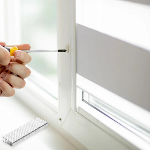 Person using a screwdriver for window repair with Heavy Duty 40 Piece Shutter Repair Kit With Corrosion Resistant Stainless Steel Staples Plus Tilt Rod Louver Pins For No Sweat Window Fixes That Really Get The Job Done Right.