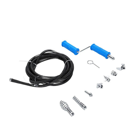 Professional Grade Drain Auger Attachment With Six Sharp Cutting Blades And Five Meter Flexible Steel Cable Plus Electric Manual Adapters components arranged.